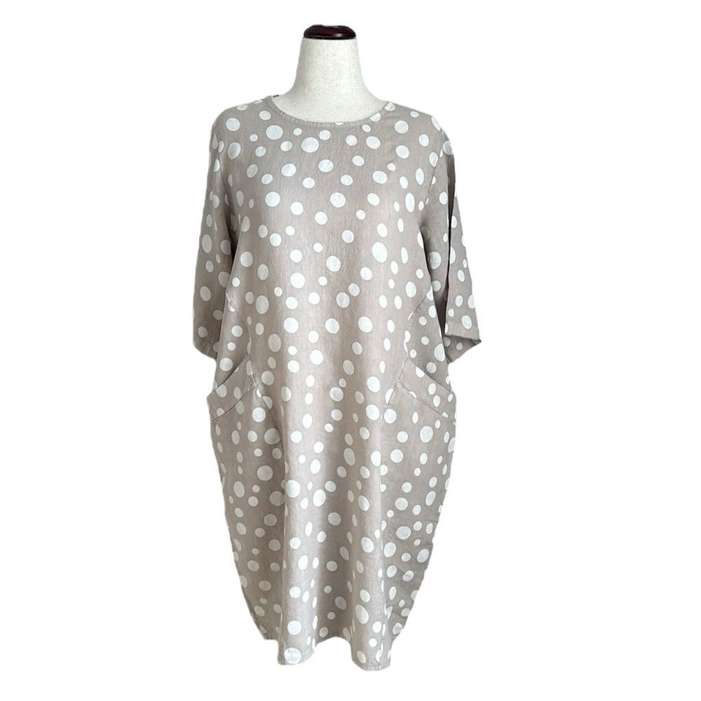 100% Linen Made In Italy Beige/White Polka Dot Linen Tunic Dress LagenLook Sz. L